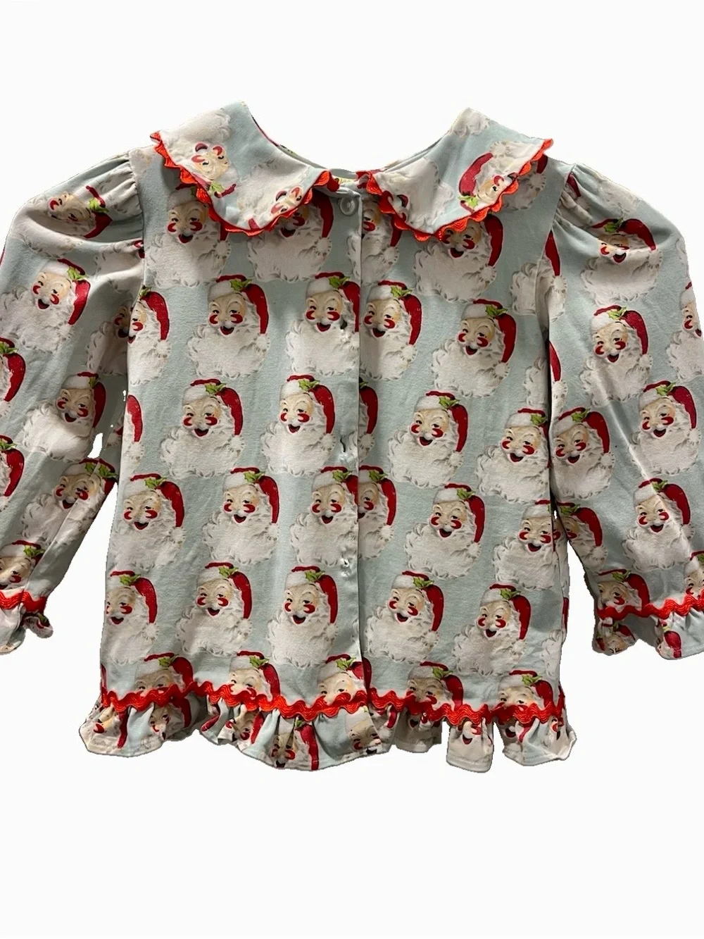Banana Split Light Blue Santa Christmas Holiday Print Ruffle Pajama Set - 5
